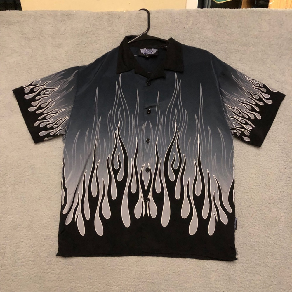 Silver Point Mens XL Flame Print Button Up Shirt Grey Black Y2K Bowling Top